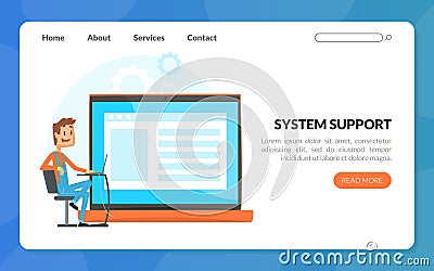 Administrative Support Service with Sysadmin Fixing Server on Computer Screen Web Banner Template Vector Illustration