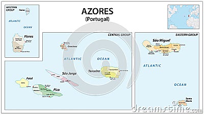 Administrative vector map of the Portuguese archipelago Azores in the Atlantic Ocean, Portugal Vector Illustration