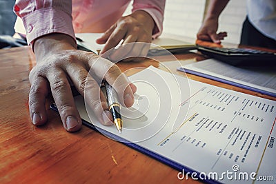 Administrator business man financial inspector and secretary making report. Stock Photo