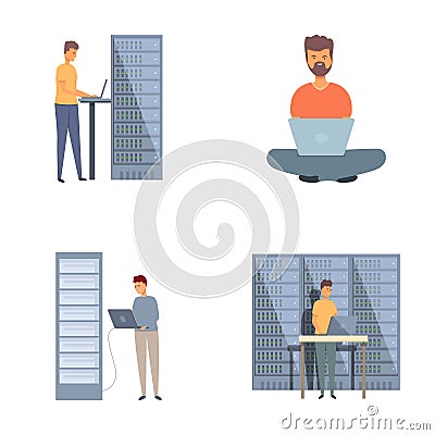 It administrator icons set cartoon vector. Sysadmin adjusting network connection Vector Illustration