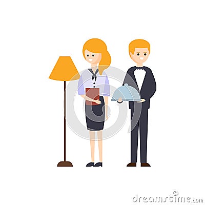 Administrator And Restaurant Waiter Hotel Themed Primitive Cartoon Illustration Vector Illustration