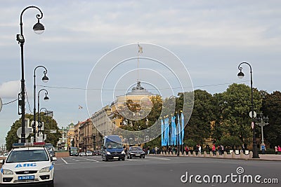 Admiralty building and Horseman Peter 1 Editorial Stock Photo
