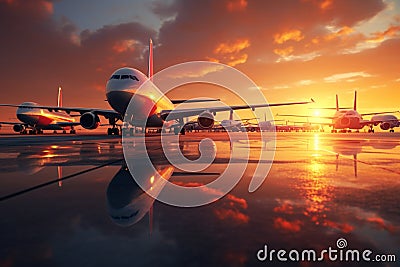 Admire a fleet of commercial airplanes lining up Stock Photo