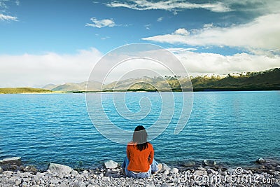 Admiring beautiful New Zealand Lake Stock Photo