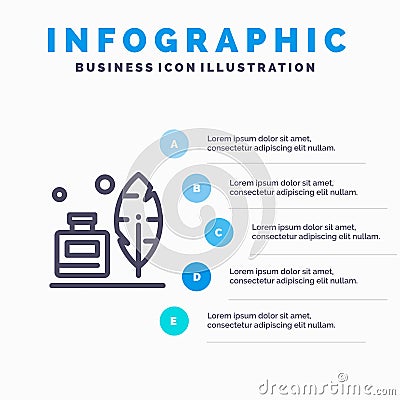 Adobe, Feather, Inkbottle, American Line icon with 5 steps presentation infographics Background Vector Illustration