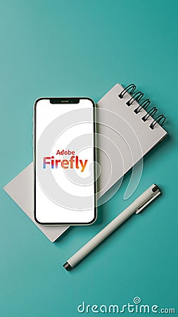 Adobe Firefly logo displayed on mobile phone screen, AI Art generator tool Editorial Stock Photo