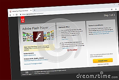 Adobe Flash Player website homepage. Editorial Stock Photo