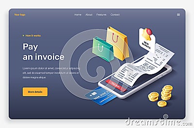Isometric mobile device, bags, check, invoice, credit card, money, notification Vector Illustration