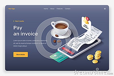 Isometric mobile device, coffee, check, invoice, credit card, money, notification. Vector Illustration
