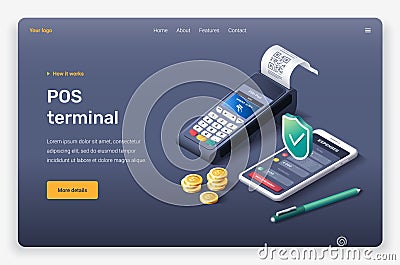 Isometric mobile device, money, coins, check, invoice, POS terminal, pen, shield. Vector Illustration