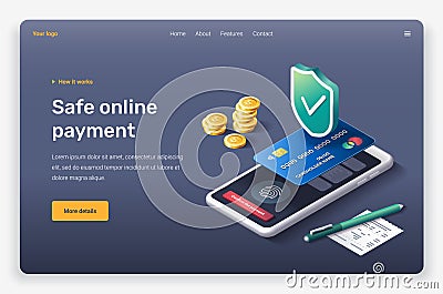 Isometric mobile device, shield, credit card, touch screen, fingerprint, pencil, safety, coins. Vector Illustration