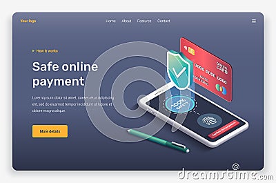 Isometric mobile device, shield, credit card, touch screen, fingerprint, pencil, safety. Vector Illustration