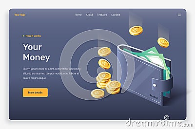 Isometric wallet, money, coins, banknotes. Vector Illustration