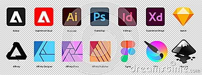 Adobe Illustrator, Photoshop, InDesign, Figma, Sketch, Inkscape, Affinity, Krita. Graphic design software logo set on transparent Vector Illustration
