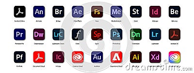Adobe product logotype set. Collection button: Illustrator, Photoshop, Creative cloud, Adobe Stock, After Effects, Fuse, Premiere Vector Illustration