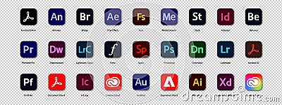 Adobe product logotype set. Collection button on transparent background: Illustrator, Photoshop, Creative cloud, Adobe Stock, Vector Illustration