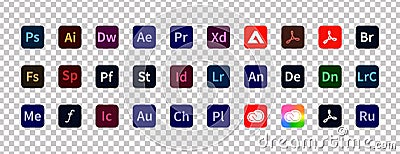 Adobe product. Logotype set of adobe products: adobe, illustrator, photoshop, creative cloud, after effects, lightroom. Adobe Cartoon Illustration