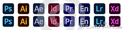 Adobe Products Icon Set: Illustrator, Photoshop, InDesign, Premiere Pro, After Effects, Acrobat DC, Lightroom, Dreamweaver ... Vector Illustration