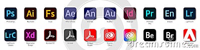 Adobe Products Icon Set: Illustrator, Photoshop, InDesign, Premiere Pro, After Effects, Acrobat DC, Lightroom, Dreamweaver ... Vector Illustration