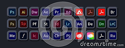 Adobe products. Logotype set of adobe apps: Illustrator, Creative Cloud, After Effects, Premiere Pro, Photoshop Vector Illustration