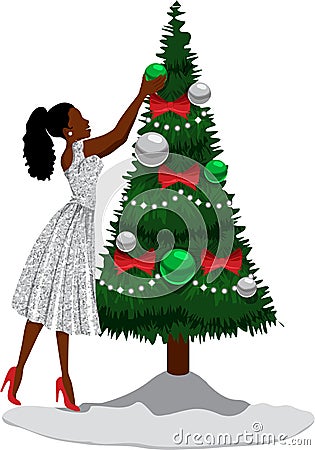 Black Woman in White Sparkling Dress Decorates Christmas Tree Vector Illustration