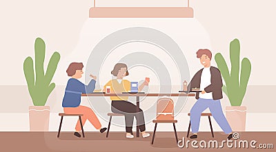 Adolescent children spend time together during school break talking and eating in canteen. Schoolchild sitting at table Vector Illustration