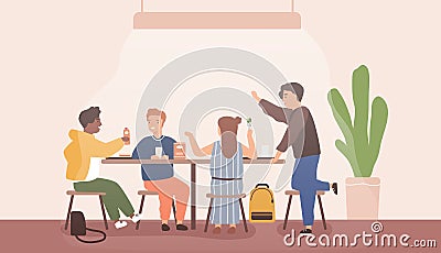 Adolescent children spend time together during school break talking and eating in canteen. Students sitting at dining Vector Illustration