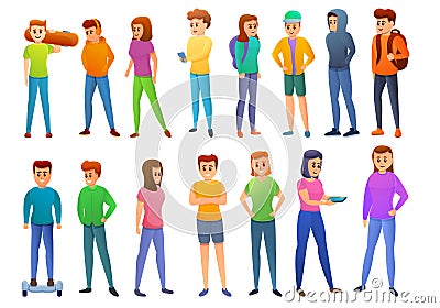 Adolescent icons set, cartoon style Vector Illustration