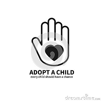 Adopt a Child. Hand with Heart Line Icon. Volunteer Help Care Protection Support Theme. Child Adoption Sign and Symbol. Vector Illustration