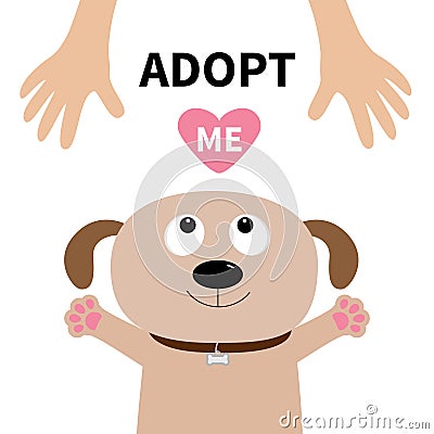 Adopt me. Dog face. Pet adoption. Puppy pooch looking up to human hand Vector Illustration