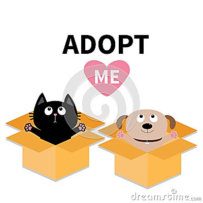 Adopt me. Dont buy. Dog Cat inside opened cardboard package box. Ready for a hug. Puppy pooch kitten cat looking up to pink heart. Vector Illustration