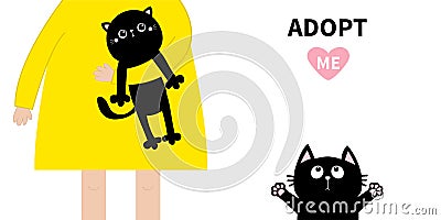 Adopt me. Girl holding cat kitten. Cute cartoon funny baby chatacter. Hanging body paw print, tail. Reaching for hug. Kawaii black Vector Illustration