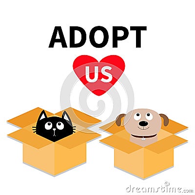 Adopt us. Dont buy. Dog Cat inside opened cardboard package box. Pet adoption. Puppy pooch kitten cat looking up to red heart. Fla Vector Illustration