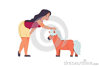 Adopted pets. People taking animals from vet clinics and dog shelter. Happy character petting little pony. Woman with mini horse. Stock Photo