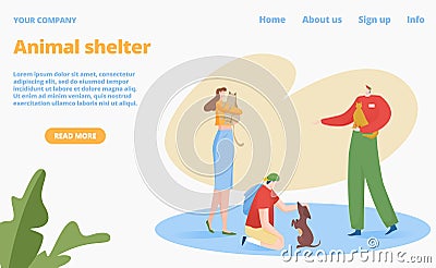 Adoption at animal shelter, vector illustration, flat man woman character hold pet, web page design concept, happy Cartoon Illustration