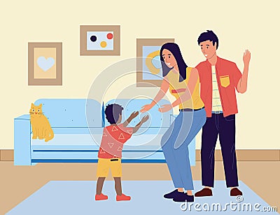 Adoption. Cartoon couple adopt happy international kids. Cute scenes of foster parents. Caring for orphan. Mother and Vector Illustration