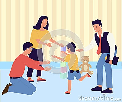 Adoption. Cartoon young couple adopt international kids. Cute scenes of cheerful foster parents. Caring for orphan Vector Illustration