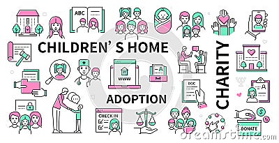 Adoption and charity - line design icon set Vector Illustration