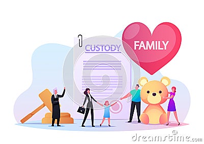 Adoption, Custody and Childcare. Social Worker Female Character Bringing Orphan Child to New Parents with Soft Bear Vector Illustration