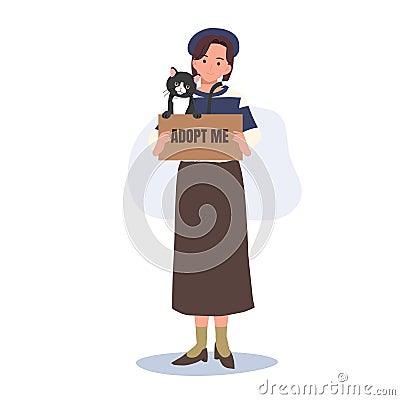 adoption and fostering concept. Caring for a Black Cat. woman Adopting a Black Cat Vector Illustration