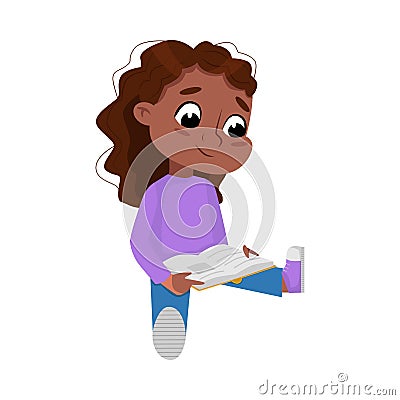 Adorable African American Girl Sitting on Floor and Reading Book, Preschooler Kid or Elementary School Student Enjoying Vector Illustration