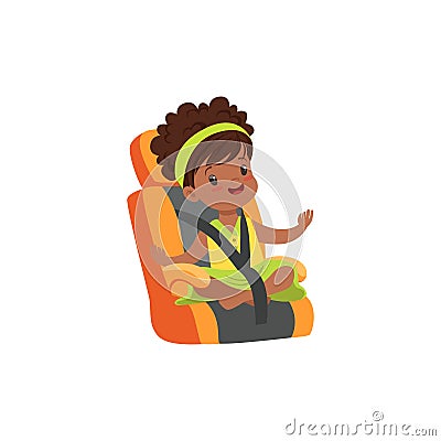 Adorable african little girl sitting in orange car seat, safety car transportation of small kids vector illustration Vector Illustration
