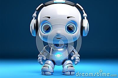 Adorable AI chat bot, cute robot with headphones, blue background Stock Photo