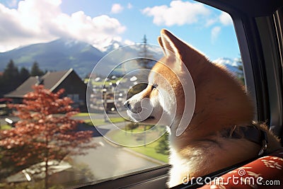 The adorable Akita Inu dog looks out of the car window, adding to the fun and enjoyment of the journey Stock Photo