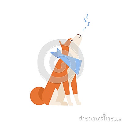 Adorable Akita Inu howling or singing song. Melancholic Japanese dog wearing neck scarf isolated on white background Vector Illustration