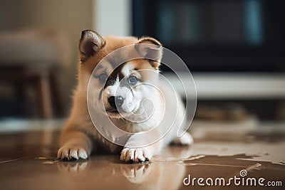 Adorable akita inu puppy near puddle on carpet at home, created with Generative AI technology Stock Photo