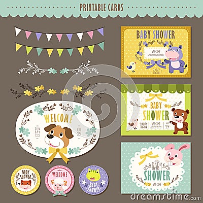 Adorable animal characters baby shower cards Vector Illustration