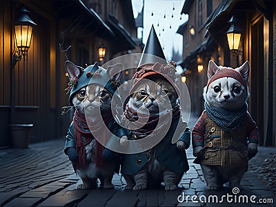 Adorable animals dressed in festive attire, parading through a charming village Stock Photo