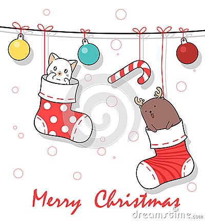 Adorable animals inside socks in Christmas day Vector Illustration