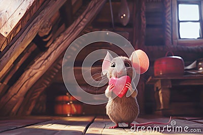 An adorable animated mouse holding a pink heart in a cozy wooden interior Stock Photo